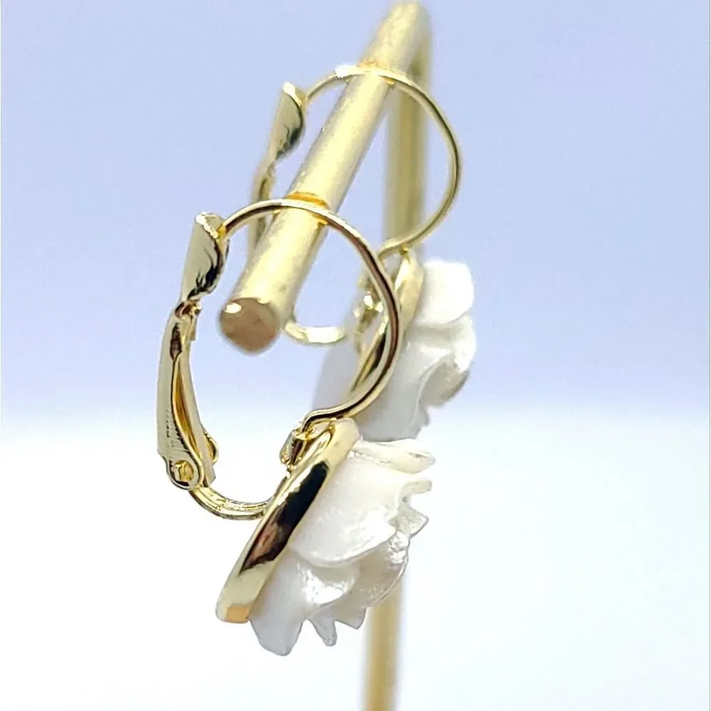 Ivory Camellia Rose Flower Earrings Gold Leverback Bridal Wedding Romantic Glam